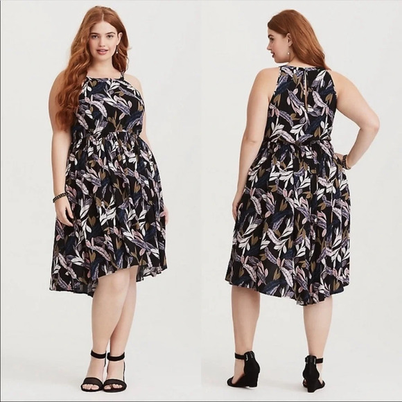 🌟NEW Torrid Black Palm Leaf Print High Neck Swing Midi Dress Size 00 Large - Picture 1 of 10